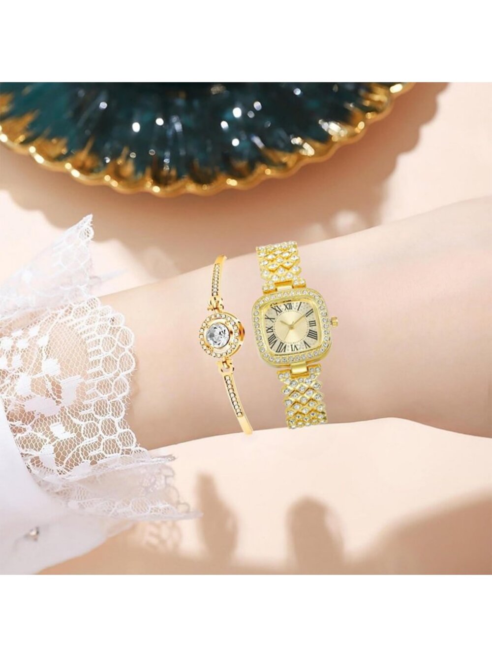 Women's Gold Fashion Luxury Vintage Diamond Square Digital Quartz Watches - Picture 2 of 5